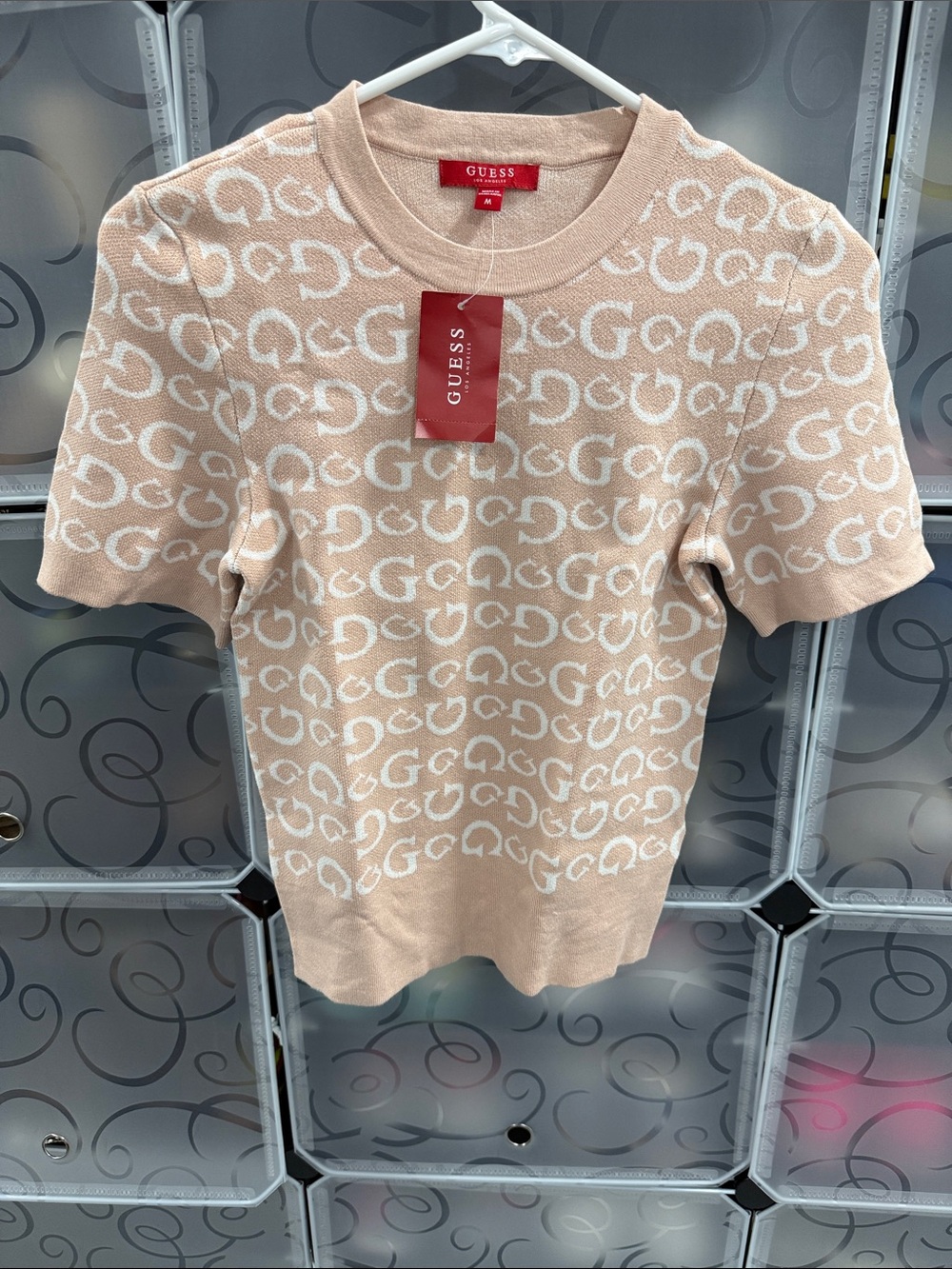 GUESS Beige and White Logo Short Sleeve Knit Top